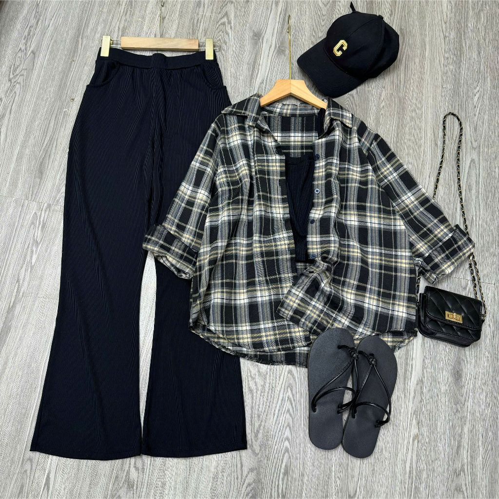 Set 3 món nữ bigsize quần dài phối áo sơ mi caro mix áo dây phong cách Hàn 58-100kg SM182+G118+Q576