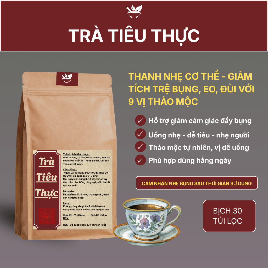 Trà Tiêu Thực - Thanh Lọc Cơ Thể, Giảm Tích Trệ Bụng Eo, Nhẹ Bụng Dễ Tiêu, Ăn Uống Thoải Mái, Bịch 30 Túi Lọc