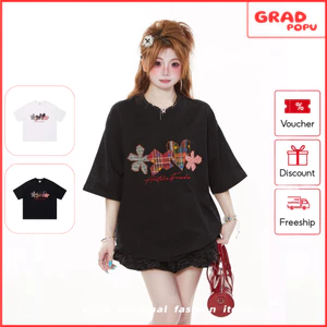 Áo phông nữ GRADPOPU cổ tròn dáng rộng họa tiết thêu sáng tạo thời trang phong cách AN283