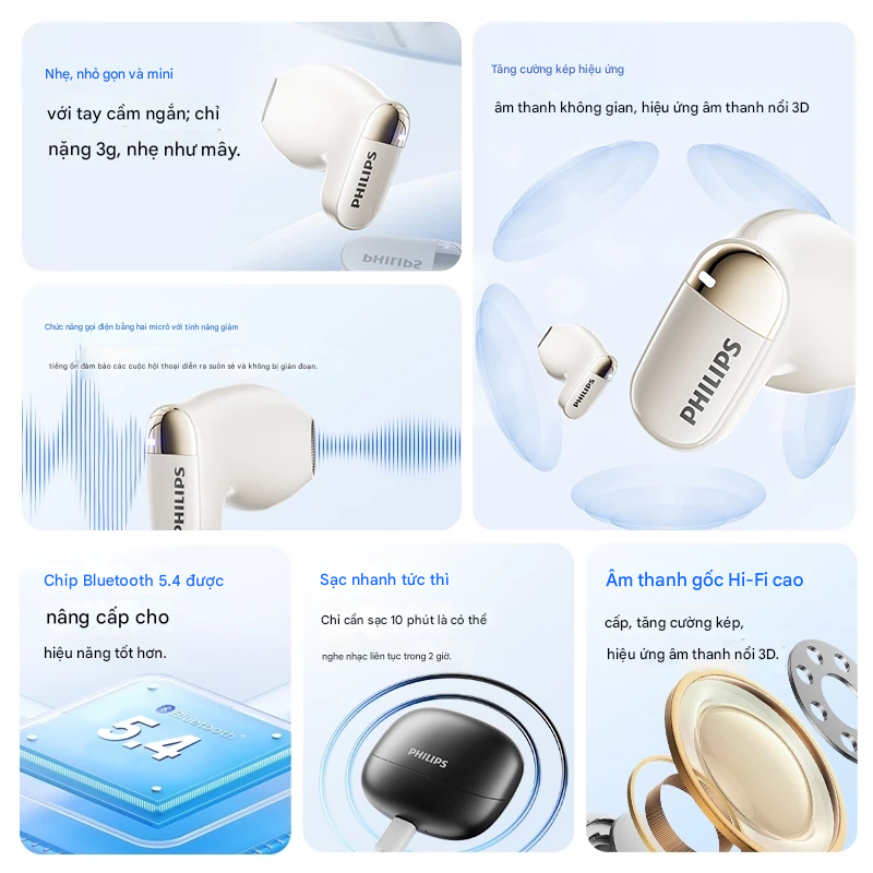 Tai nghe bluetooth Philips TAT2169 màng loa 13mm, kết nối 10m, bluetooth 5.4, giảm ồn AI