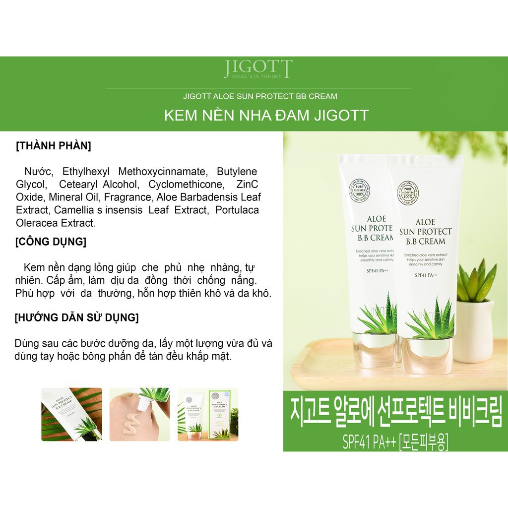 Kem chống nắng BB Lô Hội JIGOTT, nâng tone, che khuyết điểm Aloe Sun Protect B.B Cream 50ml