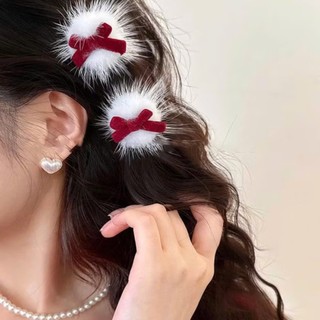 Kẹp tóc lông trắng thỏ và nơ xinh phong cách Hàn Quốc