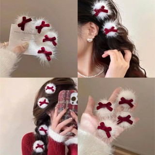 Kẹp tóc lông trắng thỏ và nơ xinh phong cách Hàn Quốc