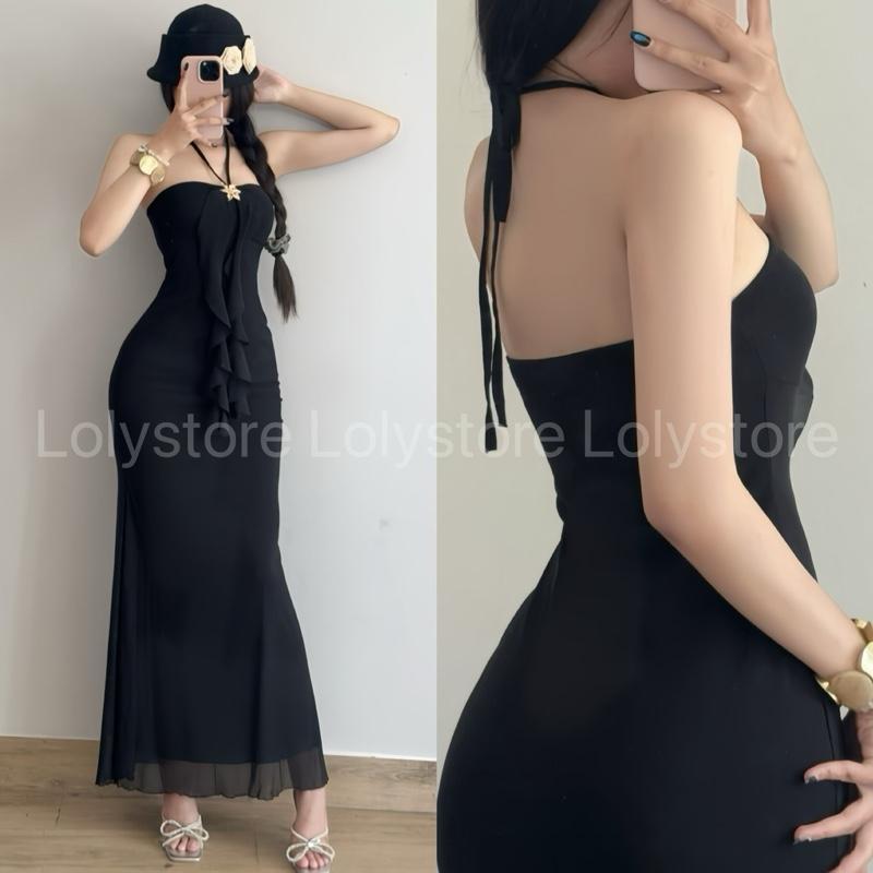 Đầm body nữ 2 lớp cổ yếm sang chảnh đi biển hoạ tiếc in hoa chất lưới dẻo mịn Lolystore NH473