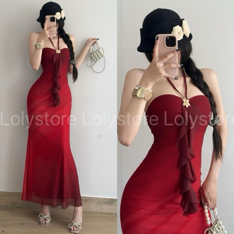 Đầm body nữ 2 lớp cổ yếm sang chảnh đi biển hoạ tiếc in hoa chất lưới dẻo mịn Lolystore NH473