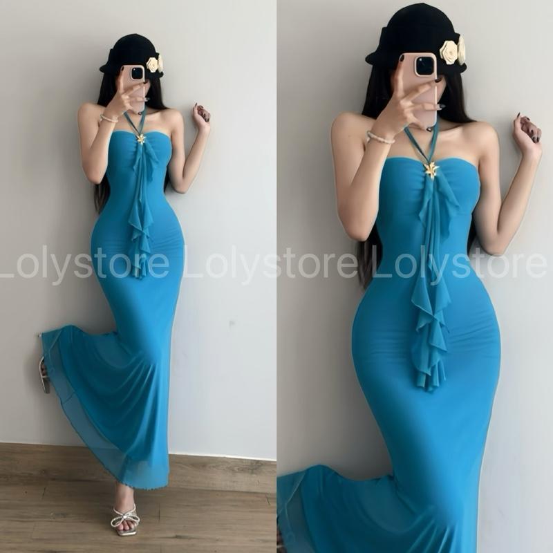 Đầm body nữ 2 lớp cổ yếm sang chảnh đi biển hoạ tiếc in hoa chất lưới dẻo mịn Lolystore NH473