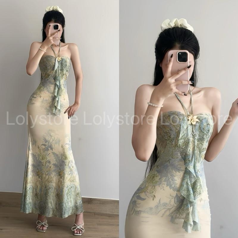 Đầm body nữ 2 lớp cổ yếm sang chảnh đi biển hoạ tiếc in hoa chất lưới dẻo mịn Lolystore NH473