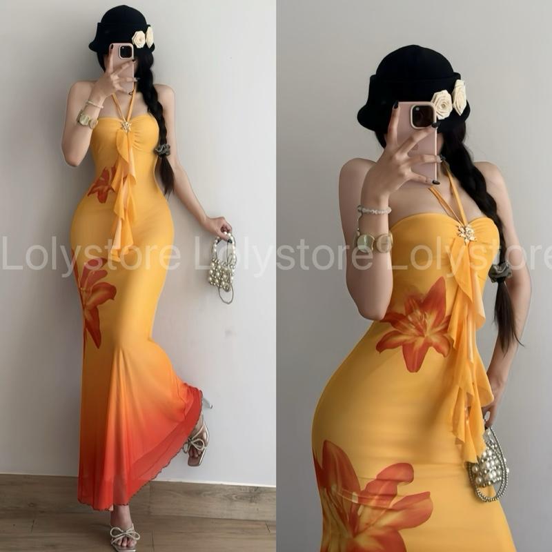 Đầm body nữ 2 lớp cổ yếm sang chảnh đi biển hoạ tiếc in hoa chất lưới dẻo mịn Lolystore NH473