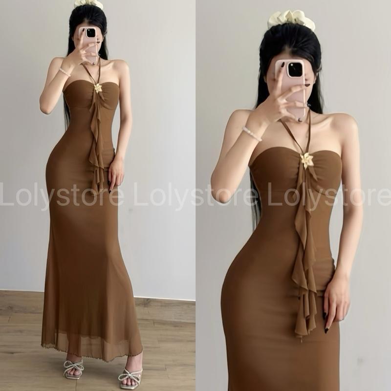 Đầm body nữ 2 lớp cổ yếm sang chảnh đi biển hoạ tiếc in hoa chất lưới dẻo mịn Lolystore NH473