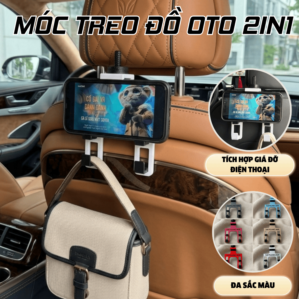 Móc Treo Đồ Ô Tô Sau Ghế 2in1 - Treo Túi & Đỡ Điện Thoại Đa Năng Chịu Lực Tốt - Phụ Kiện Nội Thất Ô Tô Tiện Ích