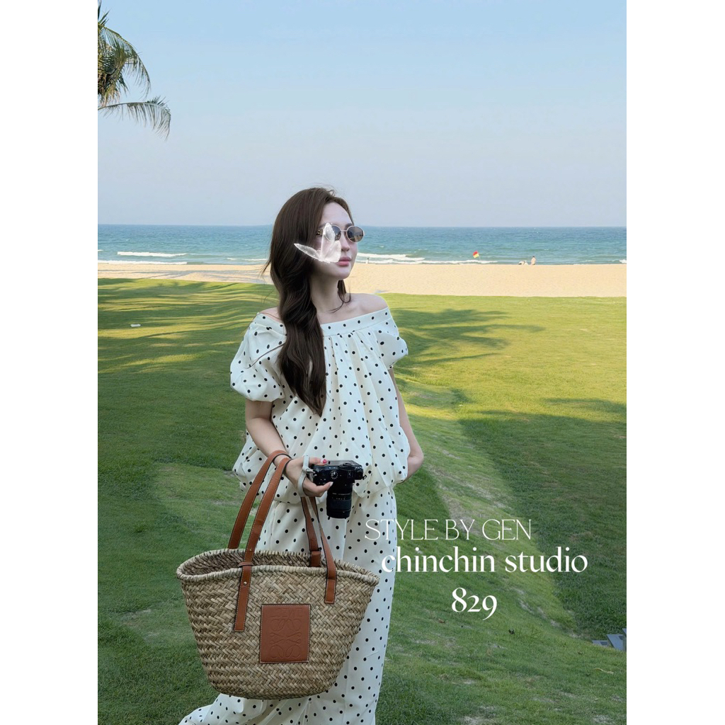 Set váy bồng chấm bi trễ vai