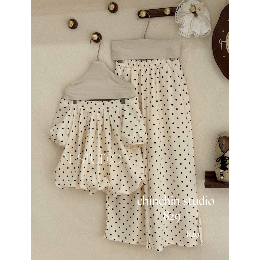 Set váy bồng chấm bi trễ vai