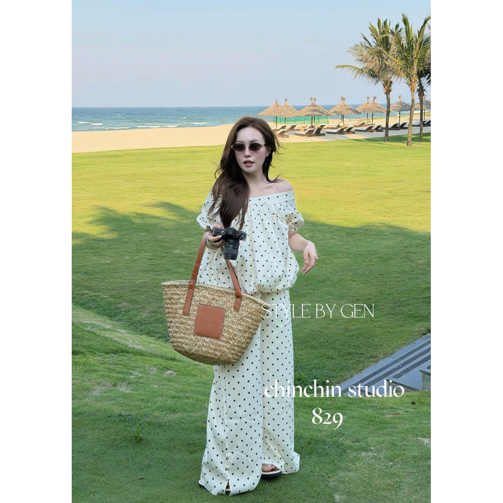 Set váy bồng chấm bi trễ vai