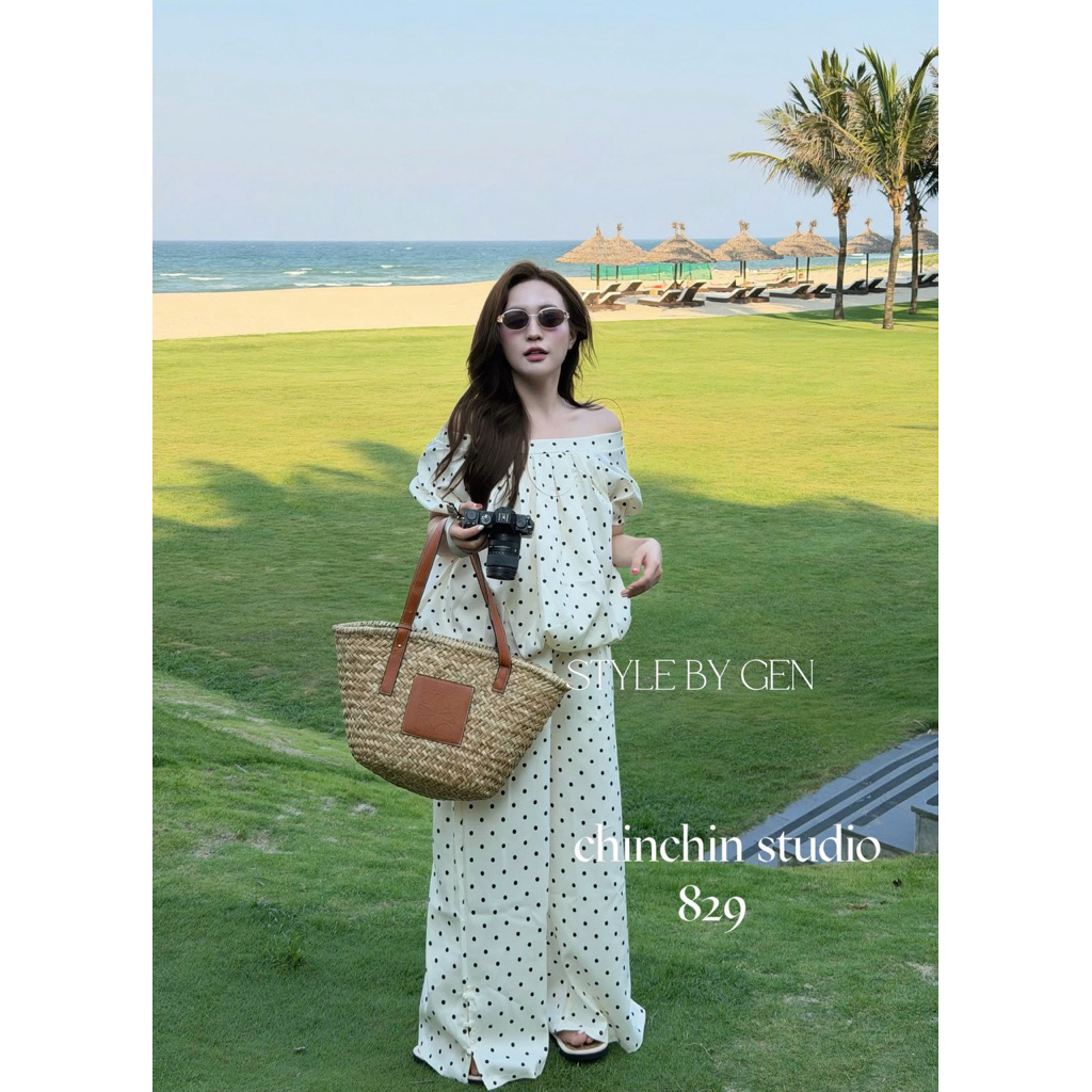 Set váy bồng chấm bi trễ vai