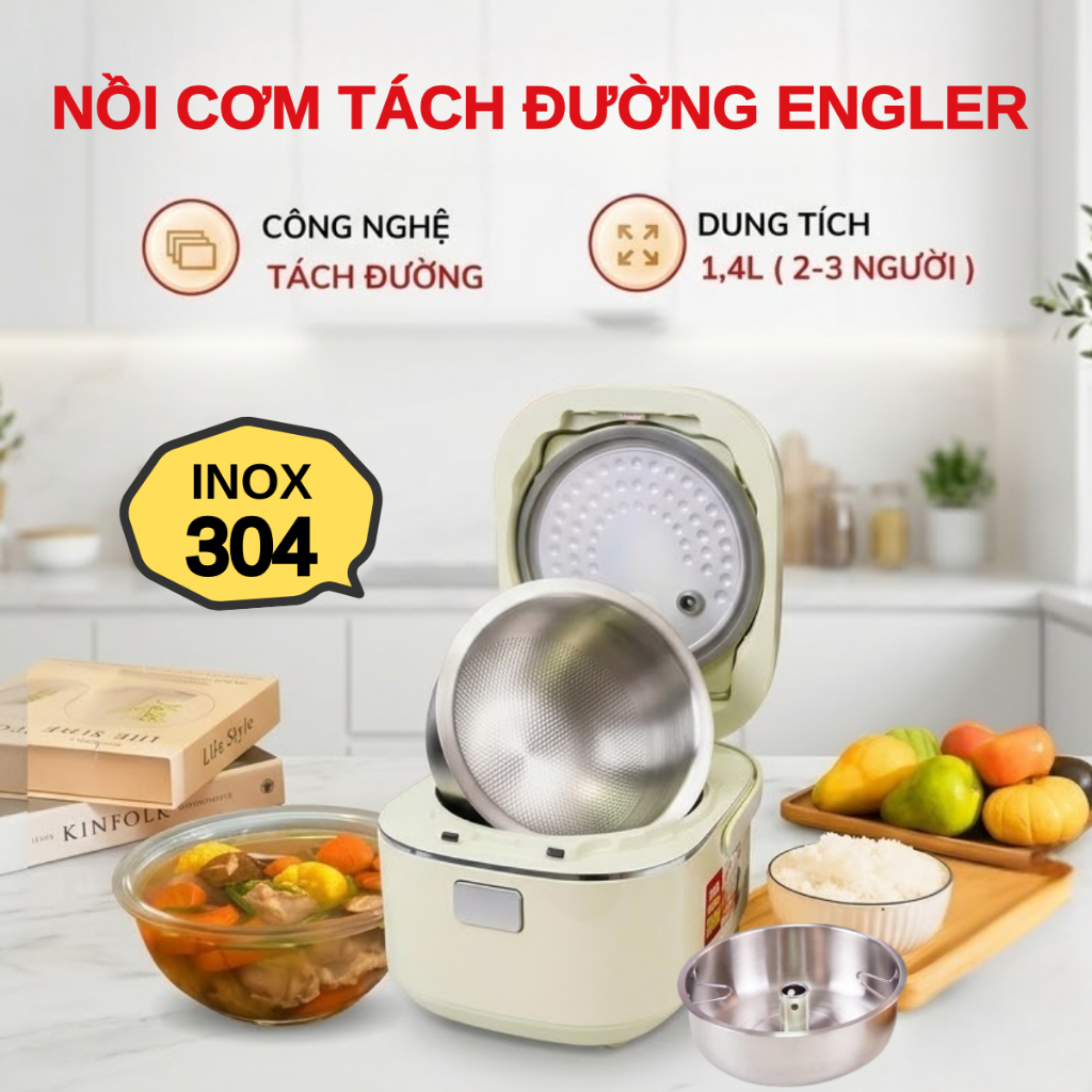 Nồi cơm tách đường Engler Đức EGL9110KT 1.4L, lòng nồi inox chống