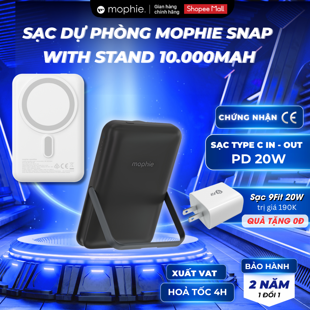 [TẶNG CỦ 20W] Pin Sạc Dự Phòng Mophie Snap+ 10.000mAh, Sạc nhanh PD 20W, Hít từ tính 15W, Chính Hãng –  BH 2 Năm