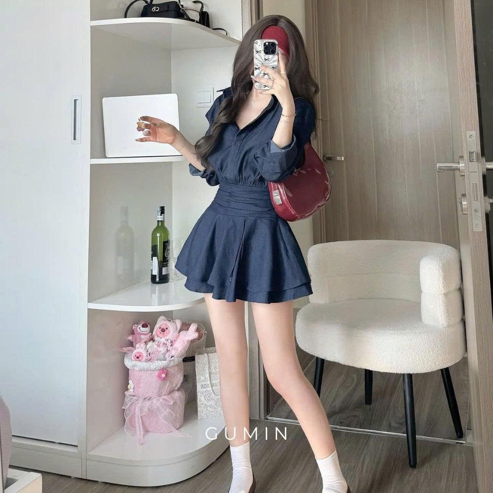 Váy sơ mi bò GUMIN thiết kế váy dài tay phối cổ sơ mi basic chân váy xoè ngắn tiểu thư thanh lịch