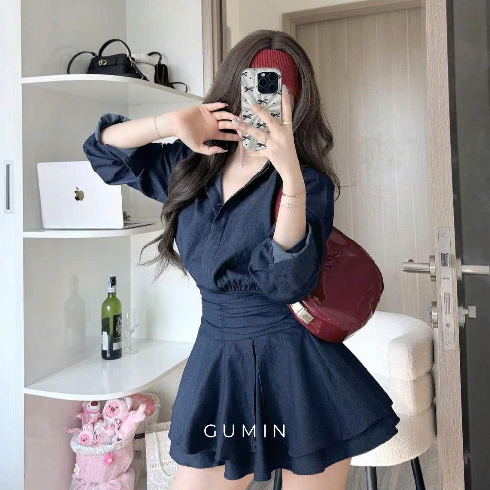 Váy sơ mi bò GUMIN thiết kế váy dài tay phối cổ sơ mi basic chân váy xoè ngắn tiểu thư thanh lịch