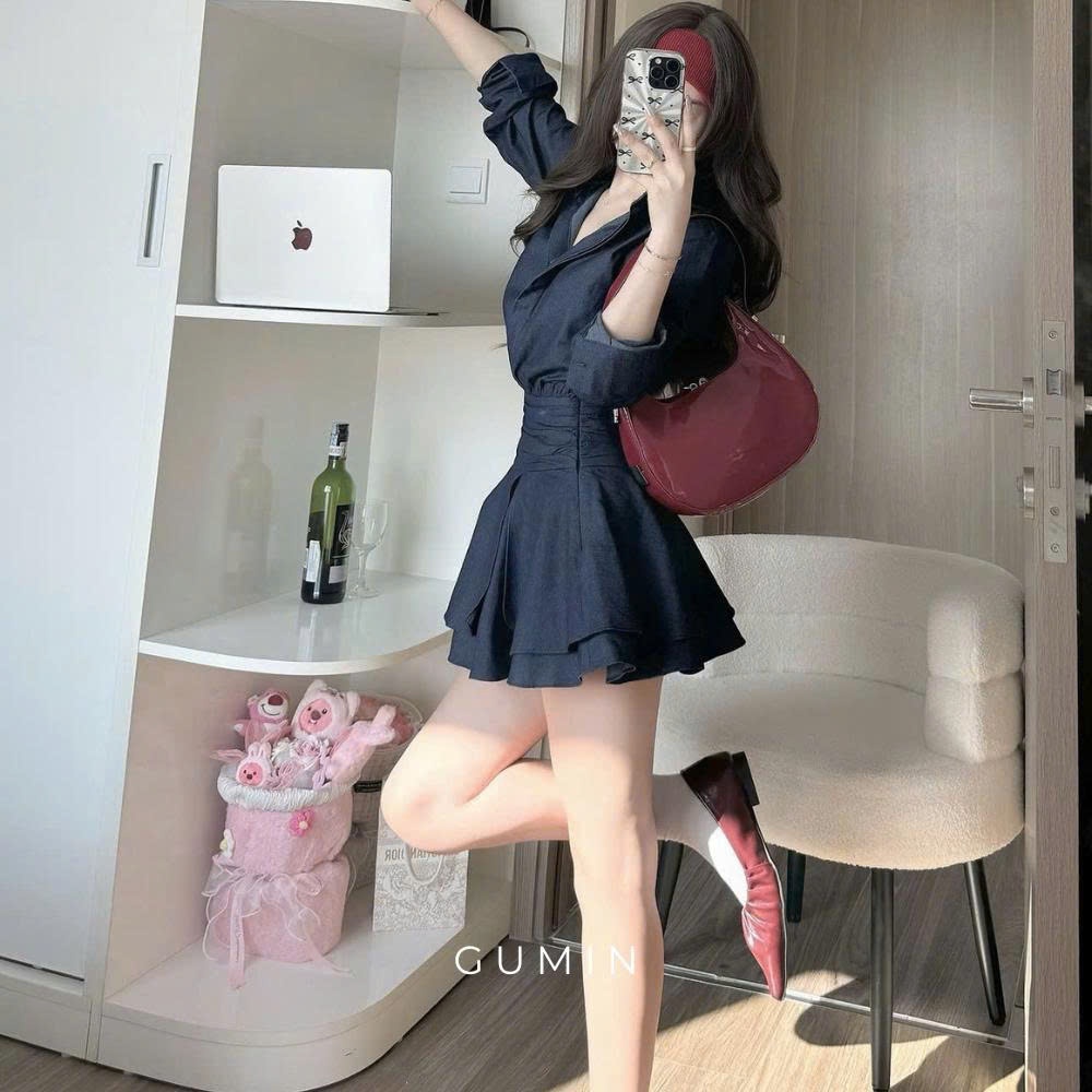 Váy sơ mi bò GUMIN thiết kế váy dài tay phối cổ sơ mi basic chân váy xoè ngắn tiểu thư thanh lịch