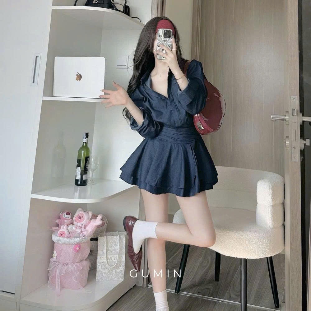 Váy sơ mi bò GUMIN thiết kế váy dài tay phối cổ sơ mi basic chân váy xoè ngắn tiểu thư thanh lịch