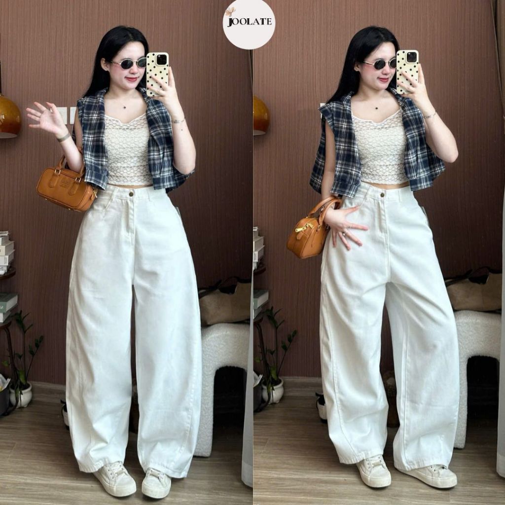 Quần jeans ống rộng màu kem Joolate ống cong rộng  hơi loe nhẹ phom dài phủ chân phong cách Hàn Quốc