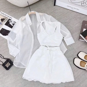 Sét Bộ 3 chi tiết áo khoác voan nhẹ áo croptop kèm chân váy cho bé gái, set đồ phong cách Hàn Quốc dễ thương mẹ bé