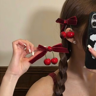 Kẹp tóc nơ nhung quả cherry đỏ đáng yêu