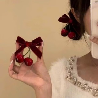 Kẹp tóc nơ nhung quả cherry đỏ đáng yêu