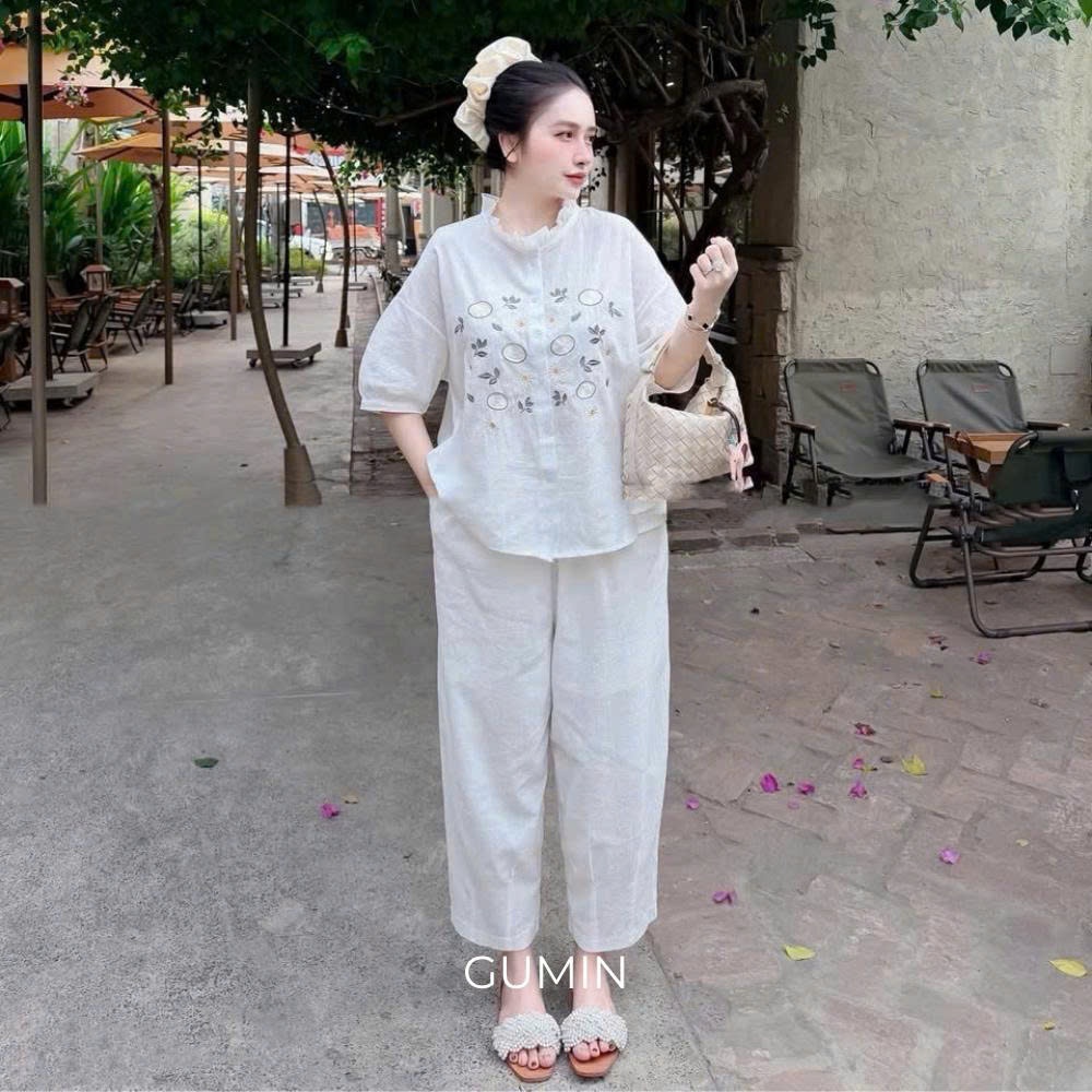 Set bộ đũi hoa GUMIN thiết kế áo cổ viền bèo in hoa kèm quần suông thanh lịch, Set bộ đồ nữ sang chảnh cao cấp