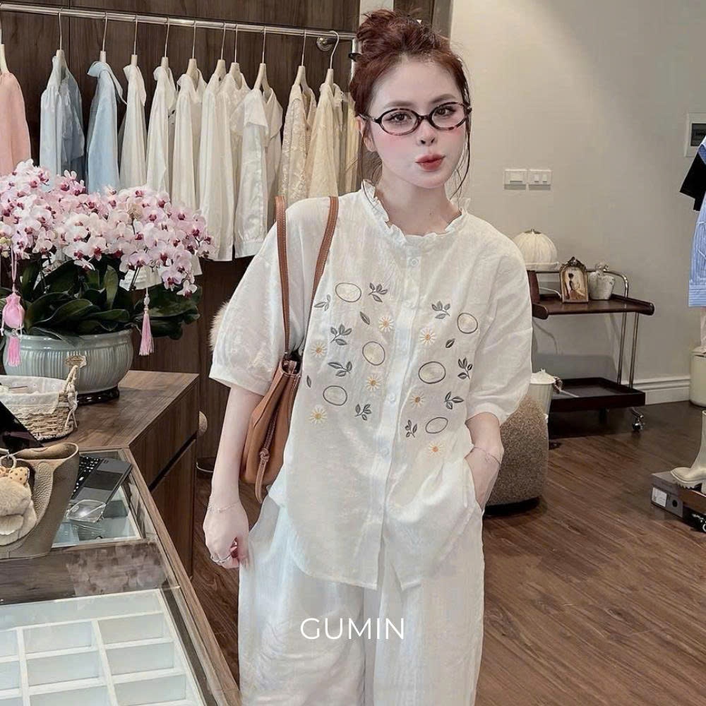 Set bộ đũi hoa GUMIN thiết kế áo cổ viền bèo in hoa kèm quần suông thanh lịch, Set bộ đồ nữ sang chảnh cao cấp