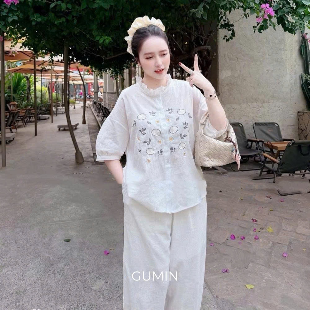 Set bộ đũi hoa GUMIN thiết kế áo cổ viền bèo in hoa kèm quần suông thanh lịch, Set bộ đồ nữ sang chảnh cao cấp