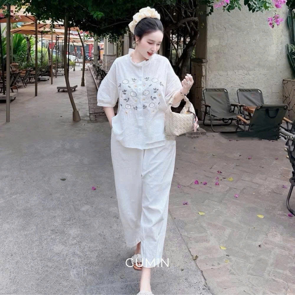 Set bộ đũi hoa GUMIN thiết kế áo cổ viền bèo in hoa kèm quần suông thanh lịch, Set bộ đồ nữ sang chảnh cao cấp