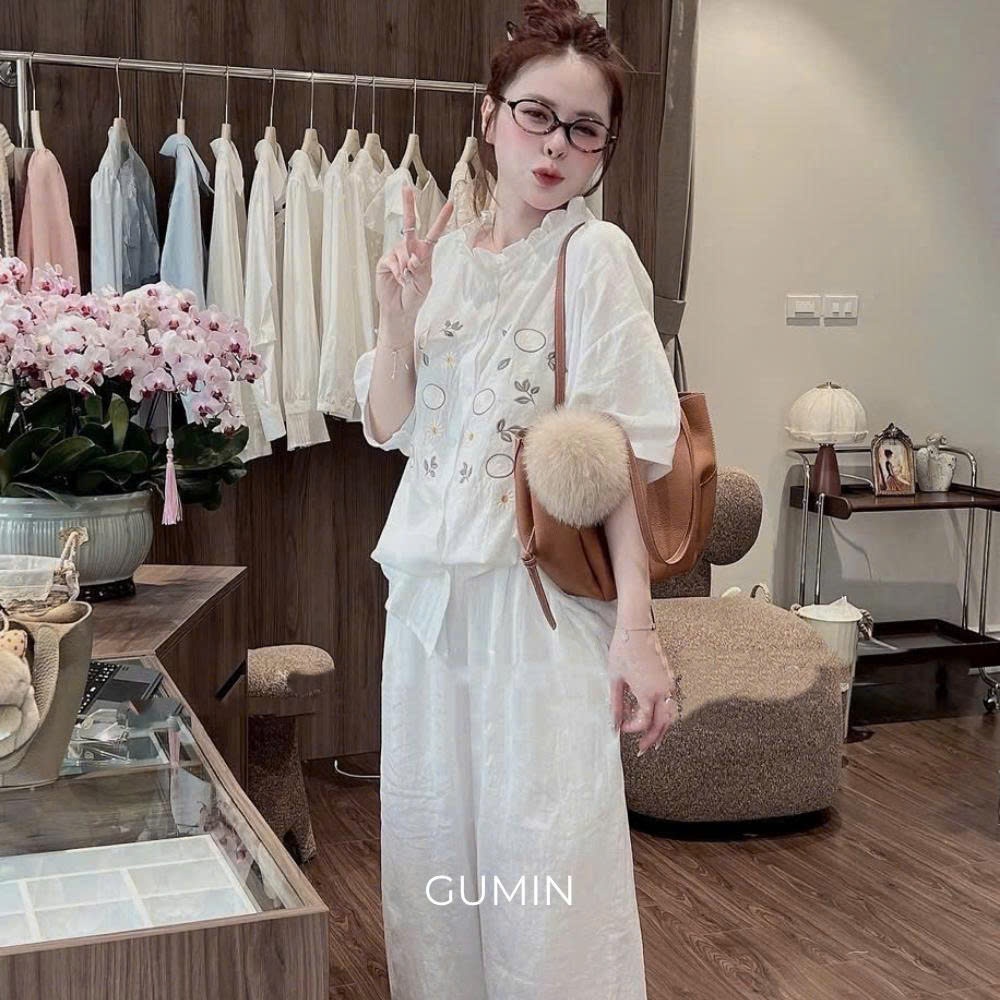Set bộ đũi hoa GUMIN thiết kế áo cổ viền bèo in hoa kèm quần suông thanh lịch, Set bộ đồ nữ sang chảnh cao cấp