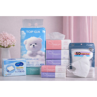 Combo tiện lợi mỗi ngày 50c khẩu trang+5 gói giấy ăn+ 1 hộp bông tẩy trang Silcot+ 1 bịch giấy rút đáy