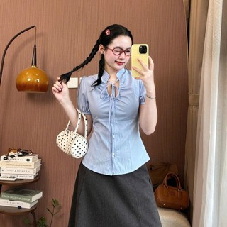 Áo Sơ Mi Nữ Cổ Nơ Tiểu Thư Tay Phồng Thanh Lịch Dáng Ôm Tôn Dáng Phong Cách Hàn Quốc 247Store SM0158