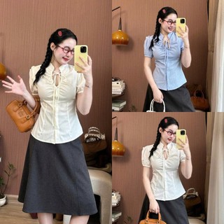 Áo Sơ Mi Nữ Cổ Nơ Tiểu Thư Tay Phồng Thanh Lịch Dáng Ôm Tôn Dáng Phong Cách Hàn Quốc 247Store SM0158