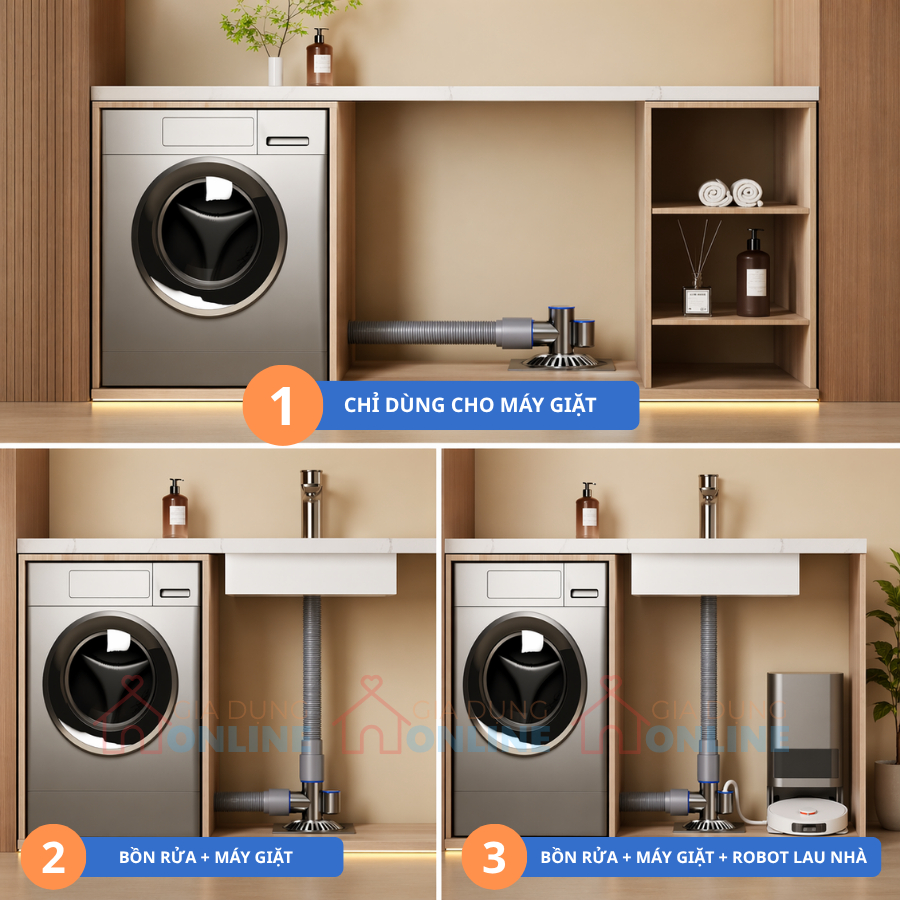 Bộ xả sàn thoát nước 3 nhánh trong 1 cho máy giặt, chậu rửa, lọc nước chống tràn ngăn mùi hôi...