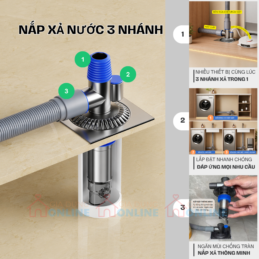 Bộ xả sàn thoát nước 3 nhánh trong 1 cho máy giặt, chậu rửa, lọc nước chống tràn ngăn mùi hôi...