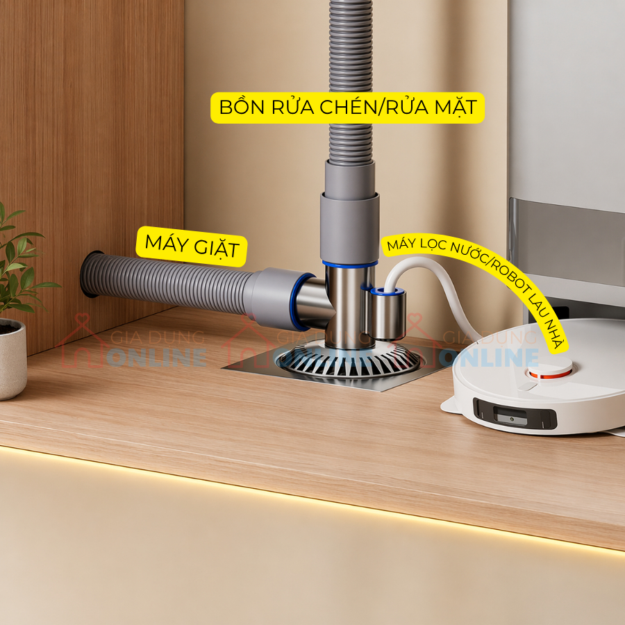 Bộ xả sàn thoát nước 3 nhánh trong 1 cho máy giặt, chậu rửa, lọc nước chống tràn ngăn mùi hôi...
