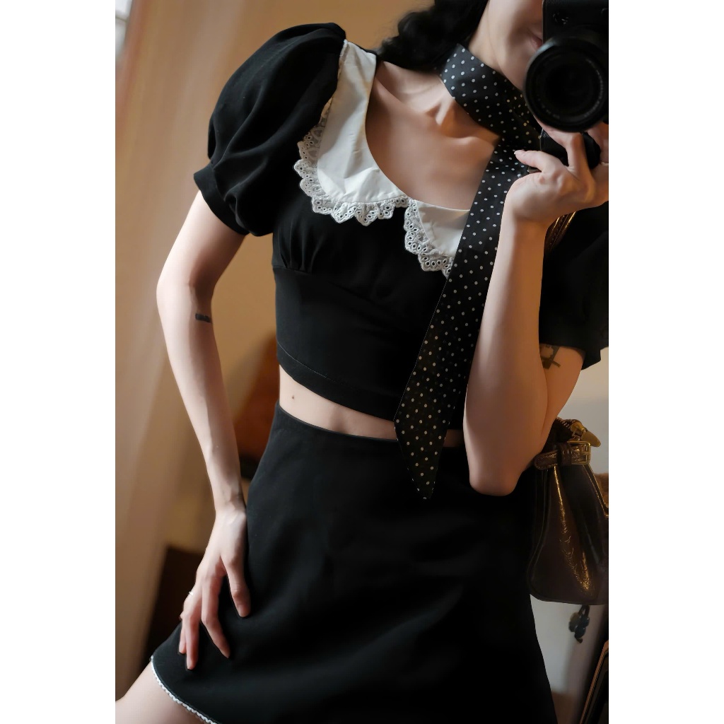 Set Bộ Nữ Croptop Cộc Tay Phối Chân Váy Viền Bèo Dễ Thương Sang Chảnh Tôn Dáng Đi Chơi Form Xinh Joolate 90