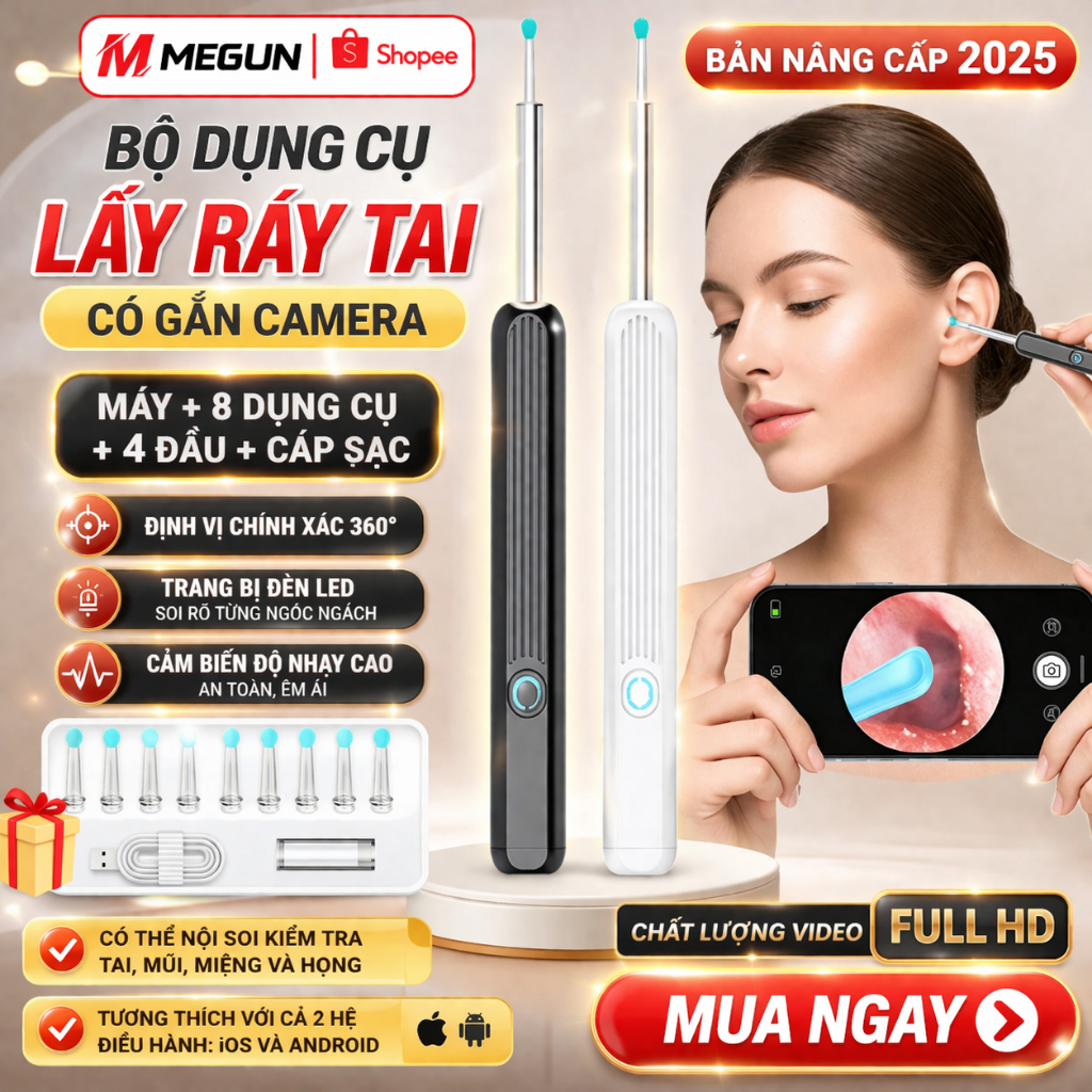 Dụng Cụ Lấy Ráy Tai Có Gắn Camera Nội Soi Đa Năng  Hình Ảnh Full HD 1296P Sắc Nét
