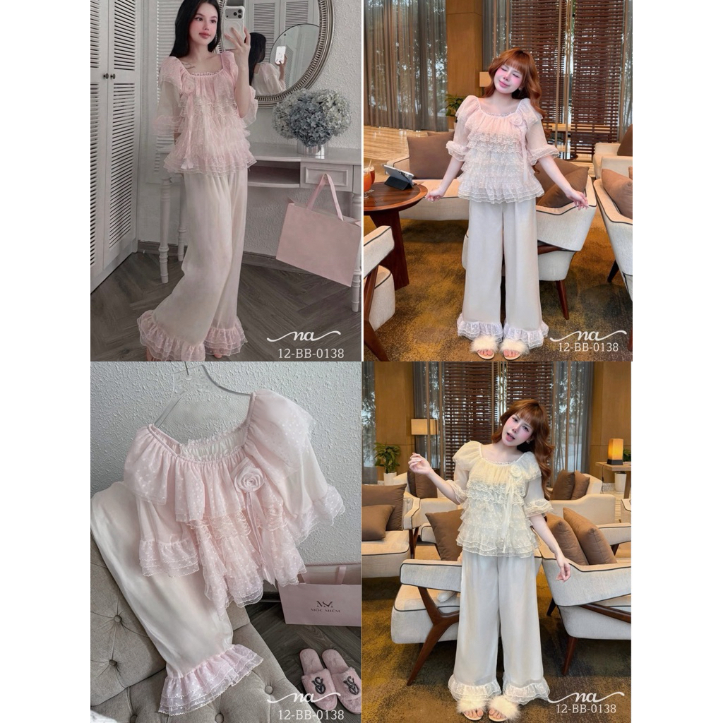 Set ngủ bèo tầng viền ren đính hoa Mộc Miên