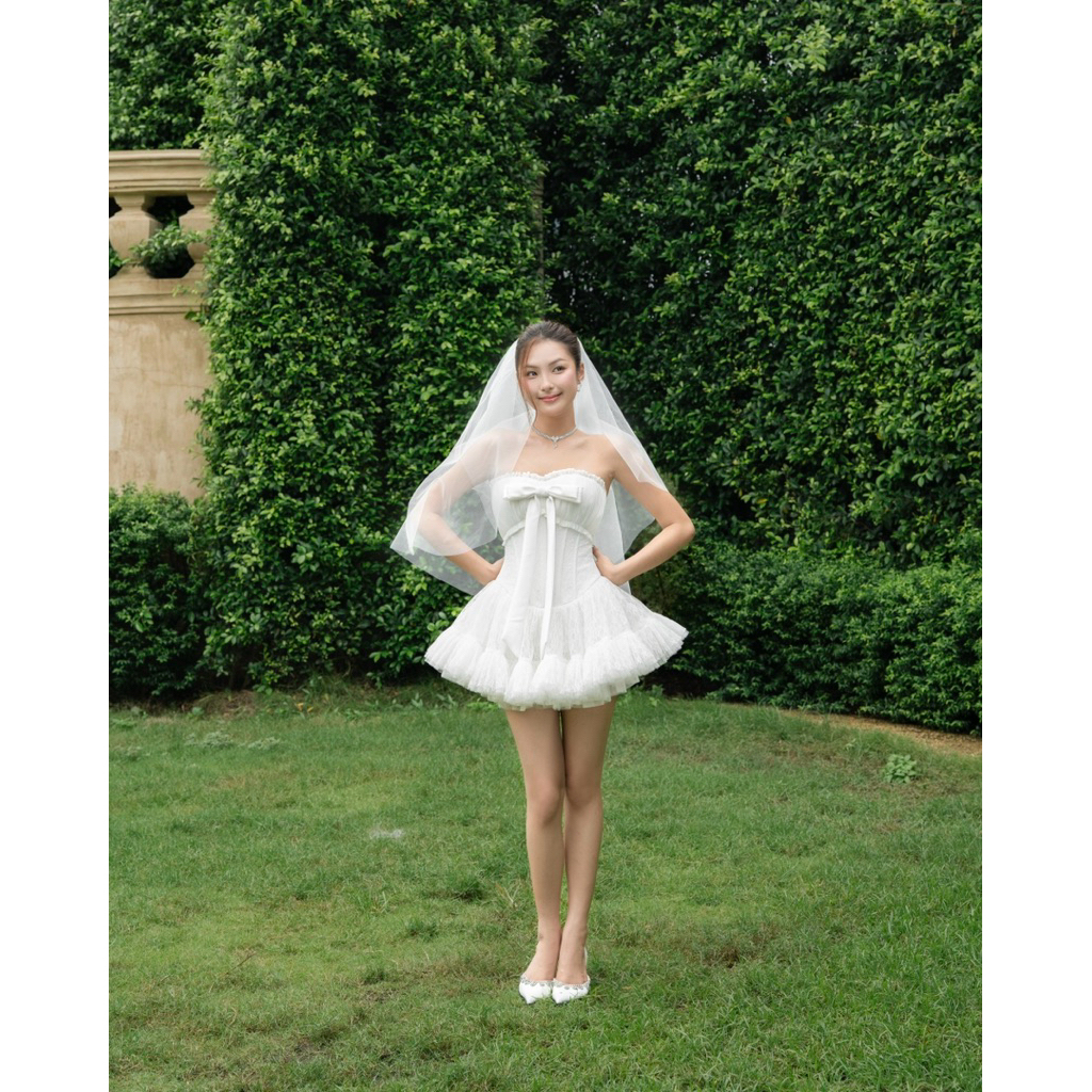 BELLA DRESS - Đầm corset cúp ngực phối ren tùng xoè, điểm nhấn nơ dài trước ngực.