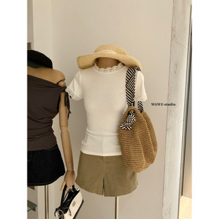 𝐏𝐡𝐢𝐞𝐧 𝐖𝐆𝐖𝐄 | (Sẵn) w9286 Áo Phông Cổ Ren Tròn Co Dãn Ôm Body Màu Trắng