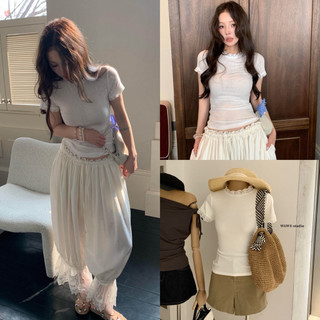 𝐏𝐡𝐢𝐞𝐧 𝐖𝐆𝐖𝐄 | (Sẵn) w9286 Áo Phông Cổ Ren Tròn Co Dãn Ôm Body Màu Trắng