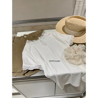 𝐏𝐡𝐢𝐞𝐧 𝐖𝐆𝐖𝐄 | (Sẵn) w9286 Áo Phông Cổ Ren Tròn Co Dãn Ôm Body Màu Trắng