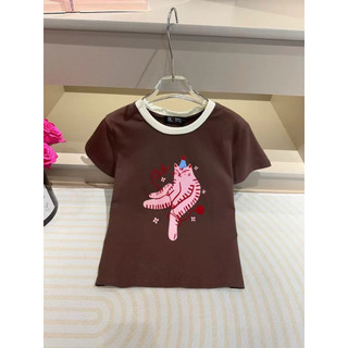 Áo phông cotton cổ tròn cộc tay hình mèo hồng form babytee