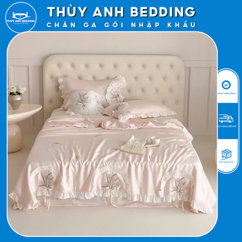 Set chăn ga 4 món phong cách Tiểu Thư lụa thêu cao cấp bèo ren cho những cô nàng sành điệu nữ tính phong cách. — ảnh 1