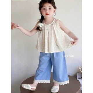 [B&G] Sét bộ áo thêu ren sát nacsg kèm quần suông kaki phối ren cho bé gái từ 10-45kg