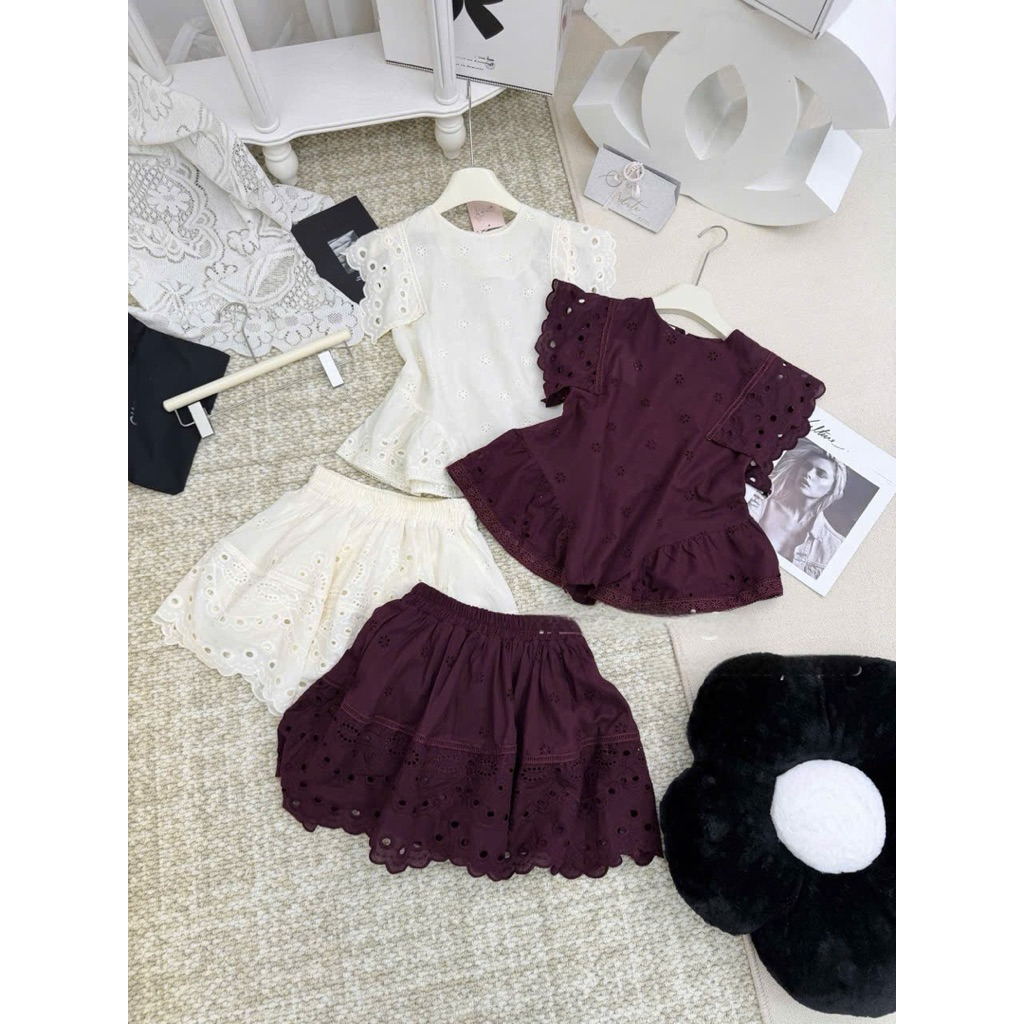 “Betti Set” Set váy thô ren đục lỗ cao cấp - Áo peplum sát nách phối bèo nhún kèm chân váy xoè style vintage sang chảnh